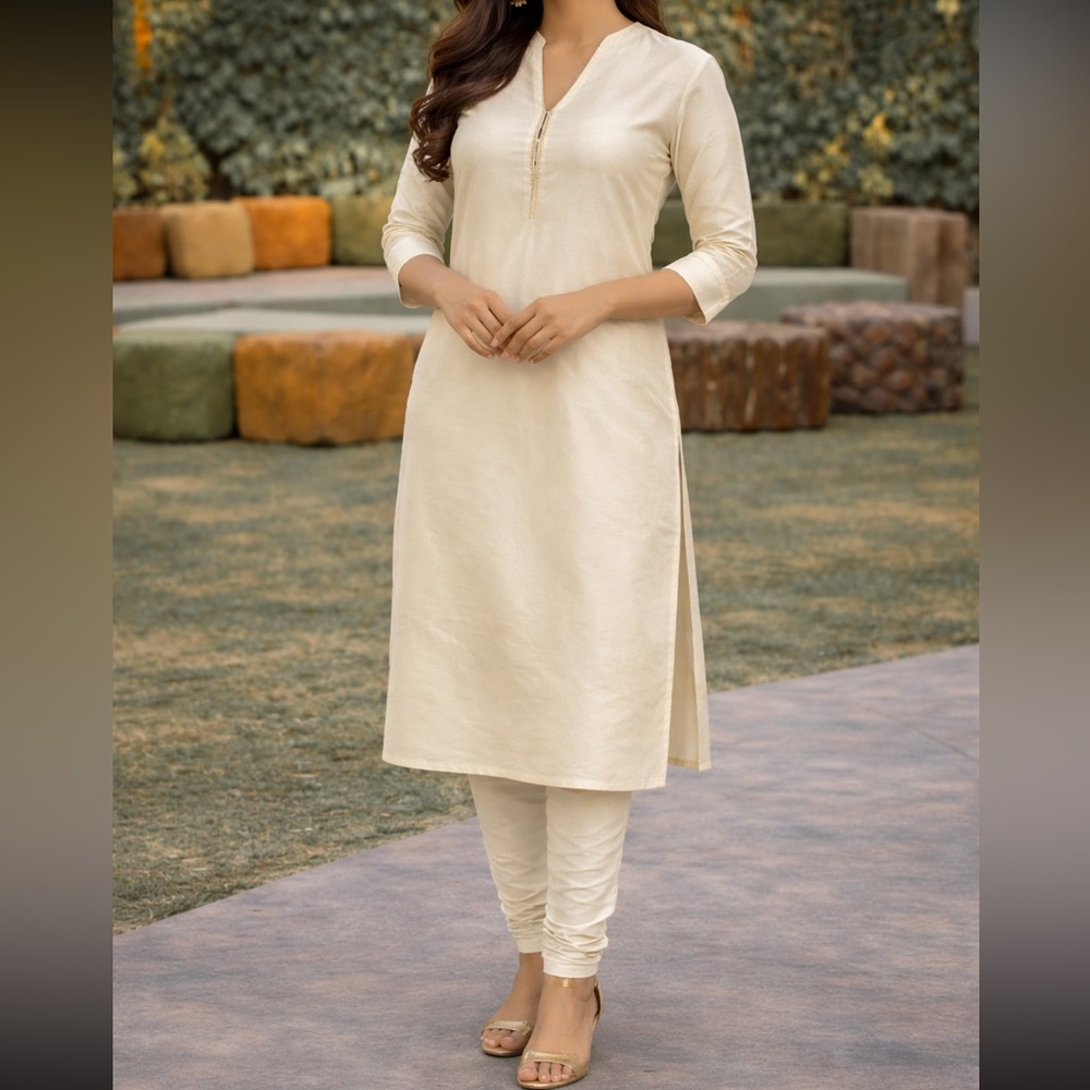 Brand new fabindia pure silk embroidered Cream Long Sleeve kurta